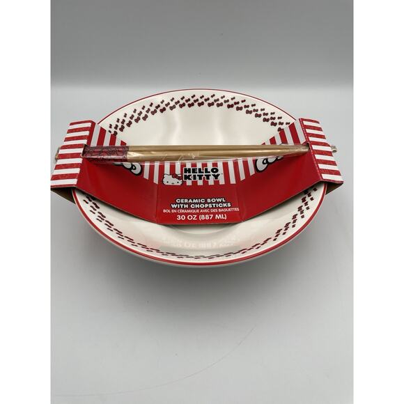 Hello Kitty Sanrio Red Bow Ceramic Bowl With Chopsticks New With Tags - Picture 9 of 9